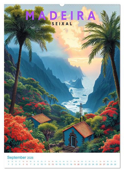 Produktbild: Madeira - Old School Poster Style (hochwertiger Premium Wandkalender 2026 DIN A2 hoch), Kunstdruck in Hochglanz