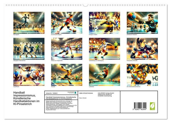 Produktbild: Handball Impressionismus, K&uuml;nstlerische Handballaktionen im KI-Pinselstrich (hochwertiger Premium Wandkalender 2026 DIN A2 quer), Kunstdruck in Hochglanz