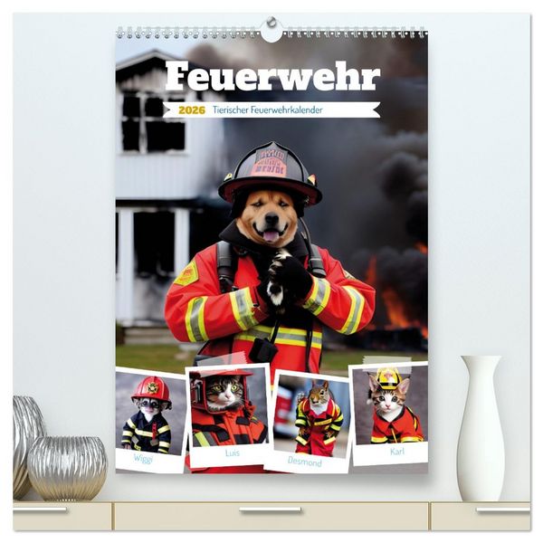 Feuerwehr - Tierischer Feuerwehrkalender (hochwertiger Premium Wandkalender 2026 DIN A2 hoch), Kunstdruck in Hochglanz