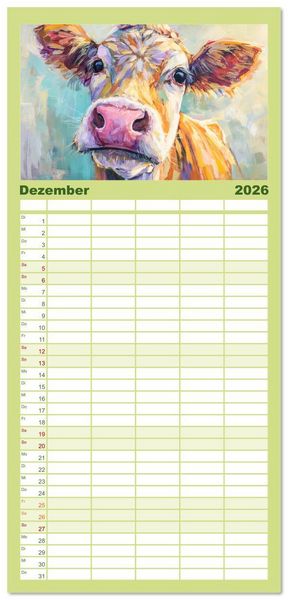 Produktbild: Familienplaner 2026 - Almseelen im Licht der Berge. Charmante K&uuml;he in kunstvoller &Ouml;loptik mit 5 Spalten (Wandkalender, 21 x 45 cm) CALVENDO
