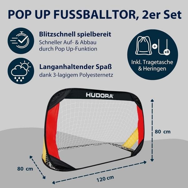 Produktbild: HUDORA 76944 - Pop Up Fu&szlig;balltor (2er Set), schwarz/rot/gold, Ma&szlig;e: 120x80x80cm