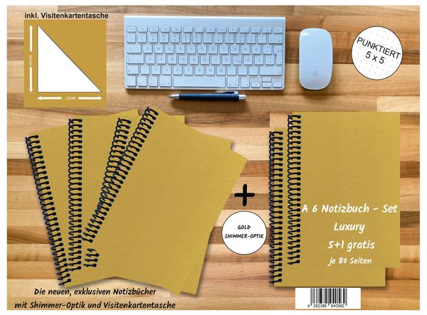 Produktbild: A 6 Notizbuch - Set, 5+1 gratis, Luxury 80 Seiten GOLD GMUND SHIMMER, punktiert 5x5mm