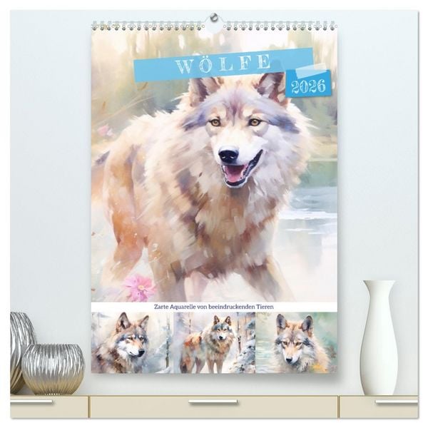 Produktbild: W&ouml;lfe. Zarte Aquarelle von beeindruckenden Tieren (hochwertiger Premium Wandkalender 2026 DIN A2 hoch), Kunstdruck in Hochglanz