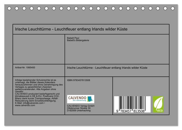 Produktbild: Irische Leuchtt&uuml;rme - Leuchtfeuer entlang Irlands wilder K&uuml;ste (Tischkalender 2026 DIN A5 quer), CALVENDO Monatskalender