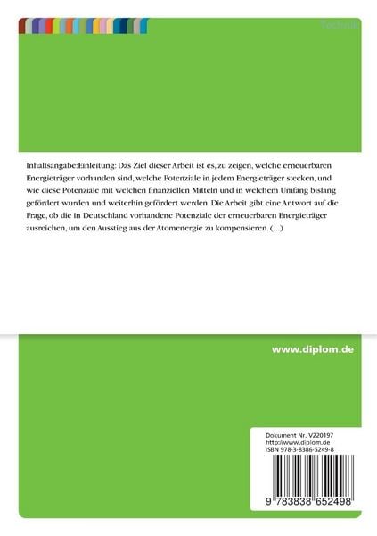 Produktbild: Erneuerbare Energien, Potenziale und finanzielle Förderung im Zeitablauf