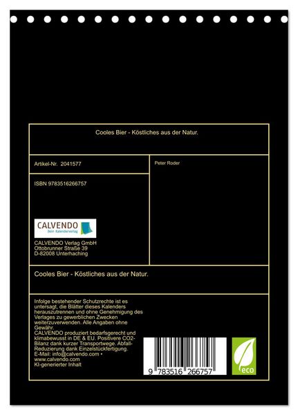 Produktbild: Cooles Bier - K&ouml;stliches aus der Natur. (Tischkalender 2026 DIN A5 hoch), CALVENDO Monatskalender
