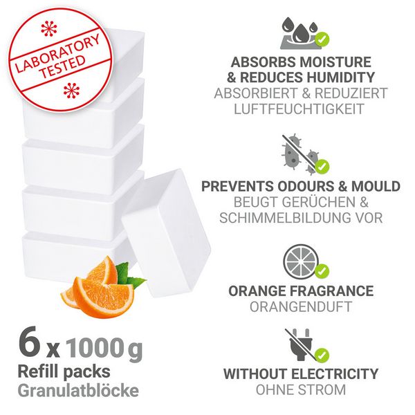 Produktbild: Raumentfeuchter Mod. Cube Nachf&uuml;ller 1000 g mit Orangenduft, 6er Set, Luftentfeuchter Nachf&uuml;llpack