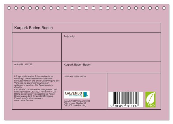 Produktbild: Kurpark Baden-Baden (Tischkalender 2026 DIN A5 quer), CALVENDO Monatskalender