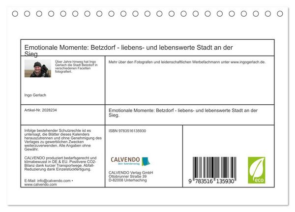 Produktbild: Emotionale Momente: Betzdorf - liebens- und lebenswerte Stadt an der Sieg. (Tischkalender 2026 DIN A5 quer), CALVENDO Monatskalender