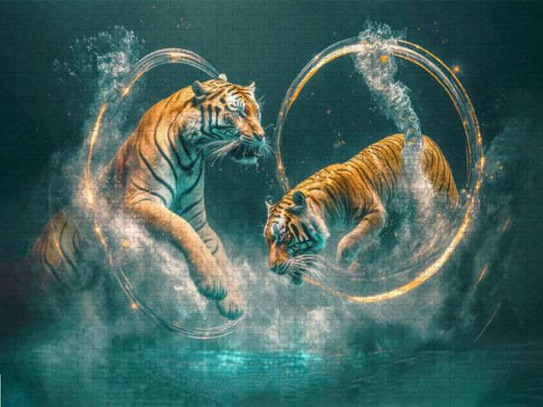 Produktbild: CALVENDO Puzzle Tiger springen durch Ringe. | 1000 Teile Lege-Gr&ouml;&szlig;e 64x48cm Foto-Puzzle f&uuml;r gl&uuml;ckliche Stunden