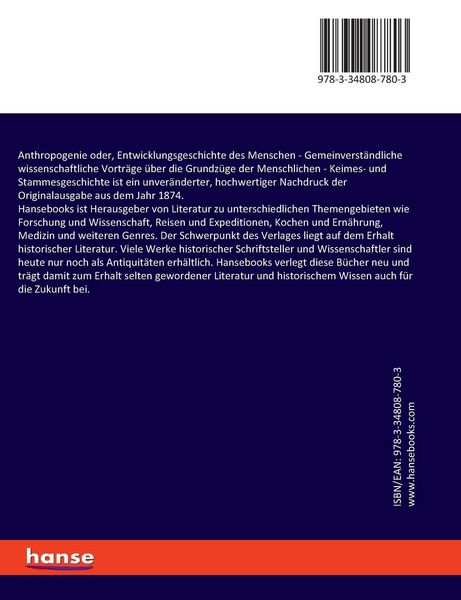 Produktbild: Anthropogenie oder, Entwicklungsgeschichte des Menschen