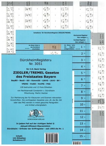 Produktbild: D&uuml;rckheimRegister&reg; ZIEGLER TREMEL Gesetze Freistaat Bayern SW, OHNE Stichworte