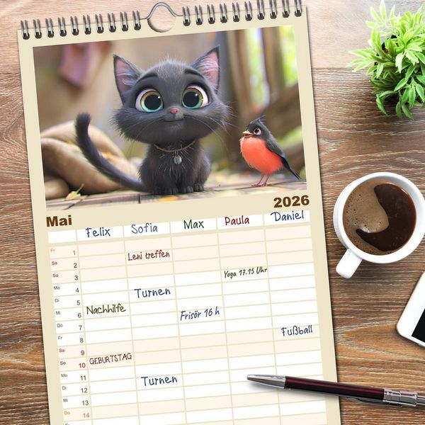 Produktbild: Familienplaner 2026 - Katzen-Paradies. Entz&uuml;ckende Cartoon-K&auml;tzchen zum verlieben mit 5 Spalten (Wandkalender, 21 x 45 cm) CALVENDO