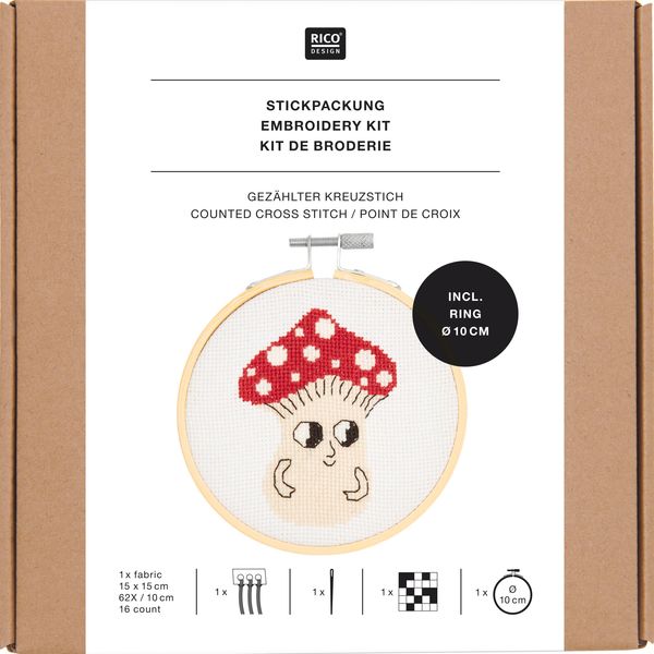 Produktbild: Stickpackung Gez&auml;hlter Kreuzstich, Shroom kleiner Pilz, inkl. Stickring &Oslash; 10 cm