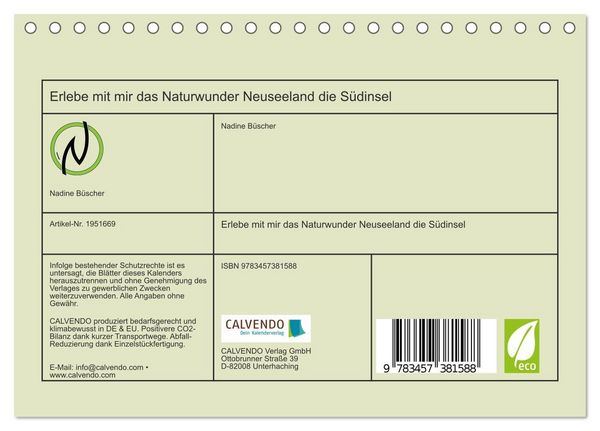 Produktbild: Erlebe mit mir das Naturwunder Neuseeland die S&uuml;dinsel (Tischkalender 2026 DIN A5 quer), CALVENDO Monatskalender