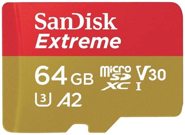 SanDisk Extreme microSD-Karte 64 GB Class 10, UHS-I, v30 Video Speed Class stoßsicher, Wasserdicht