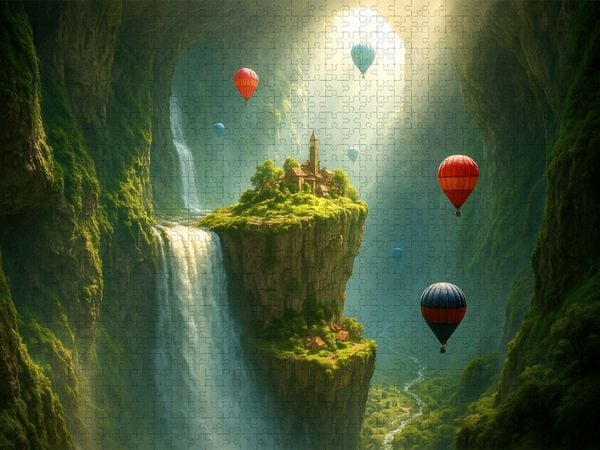 Produktbild: CALVENDO Puzzle Aufbruch am Wasserfall entlang - Hei&szlig;luftballons in einer riesigen H&ouml;hle | 1000 Teile Lege-Gr&ouml;&szlig;e 64x48cm Foto-Puzzle f&uuml;r gl&uuml;ckliche St