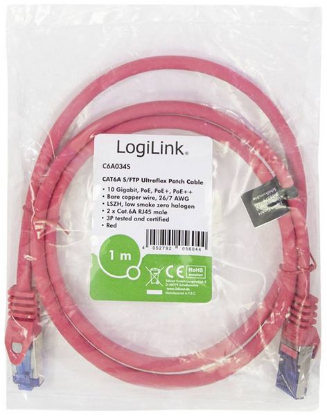 Produktbild: LogiLink C6A034S RJ45 CAT 6a S/FTP 1.00m Rot 1St.