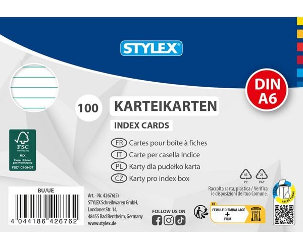 Produktbild: Stylex Karteikarten, DIN A6, liniert, 100 St&uuml;ck