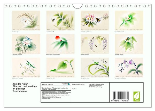 Produktbild: Zen der Natur - Pflanzen und Insekten im Stile der Tuschmalerei (Wandkalender 2026 DIN A4 quer), CALVENDO Monatskalender