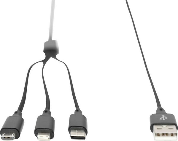 Produktbild: Digitus USB-Ladekabel Apple Lightning Stecker, USB-A Stecker, USB-C&reg; Stecker, USB-Micro-B Stecker 1.00 m Schwarz Extrem robuste Geflechtschirmung,