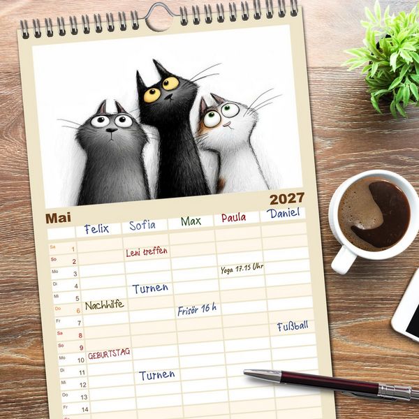 Produktbild: Familienplaner 2027 - Gute Laune Katzen mit 5 Spalten (Wandkalender, 21 x 45 cm) CALVENDO
