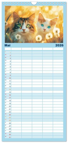 Produktbild: Familienplaner 2026 - Katzen Illustrationen - Faszination pur mit 5 Spalten (Wandkalender, 21 x 45 cm) CALVENDO
