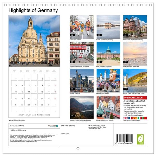 Produktbild: Highlights of Germany (Wall Calendar 2026 12 &times; 12 Inch) CALVENDO 12 Month Wall Calendar