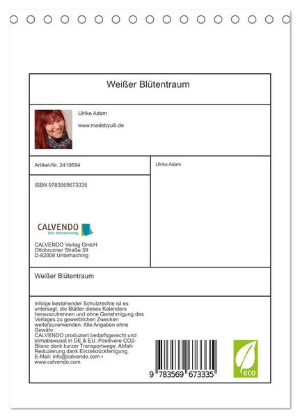 Produktbild: Wei&szlig;er Bl&uuml;tentraum (Tischkalender 2027 DIN A5 hoch), CALVENDO Monatskalender