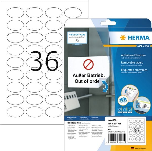 HERMA Etiketten oval weiß 40,6x25,4mm 25 Blatt ablösbar