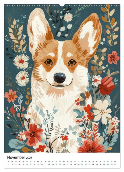 Produktbild: Corgis im Blumenrausch (hochwertiger Premium Wandkalender 2026 DIN A2 hoch), Kunstdruck in Hochglanz
