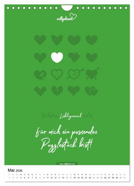Produktbild: vollgeherzt: Lieblingsmensch-Kalender - Der Wandkalender als Geschenk f&uuml;r ganz besondere Menschen (Wandkalender 2026 DIN A4 hoch), CALVENDO Monatskalender