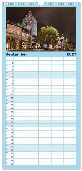 Produktbild: Familienplaner 2027 - N&uuml;rnberg - Die Altstadt bei Nacht mit 5 Spalten (Wandkalender, 21 x 45 cm) CALVENDO