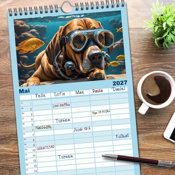 Produktbild: Familienplaner 2027 - Hunde abgetaucht mit 5 Spalten (Wandkalender, 21 x 45 cm) CALVENDO