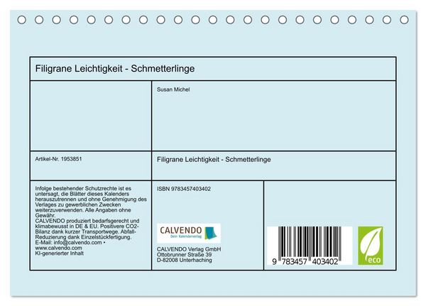 Produktbild: Filigrane Leichtigkeit - Schmetterlinge (Tischkalender 2026 DIN A5 quer), CALVENDO Monatskalender