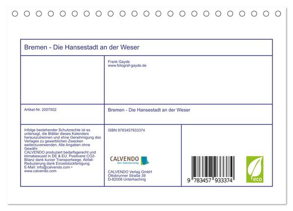 Produktbild: Bremen - Die Hansestadt an der Weser (Tischkalender 2026 DIN A5 quer), CALVENDO Monatskalender