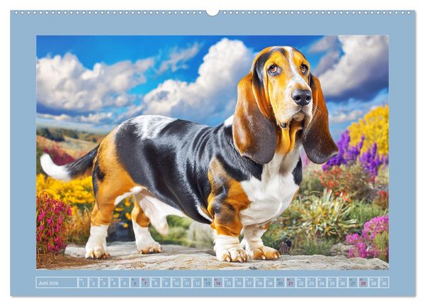 Produktbild: Schlappohren-Zauber. Fr&ouml;hliche Bassets in bunten Momenten (hochwertiger Premium Wandkalender 2026 DIN A2 quer), Kunstdruck in Hochglanz