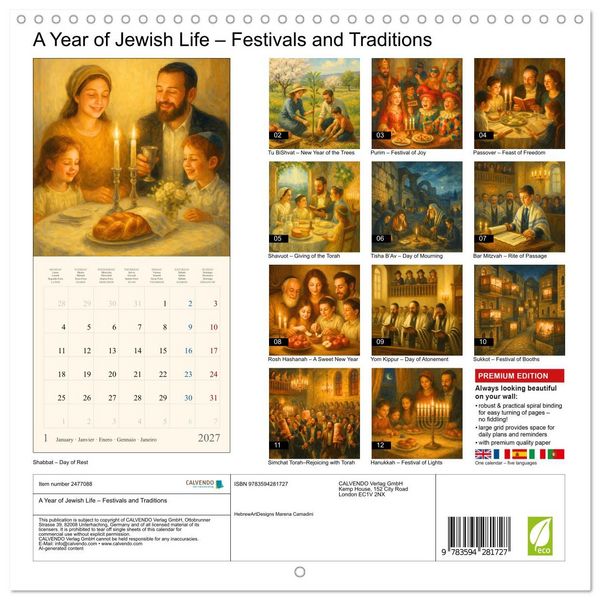 Produktbild: A Year of Jewish Life &ndash; Festivals and Traditions (Wall Calendar 2027 12 &times; 12 Inch) CALVENDO 12 Month Wall Calendar