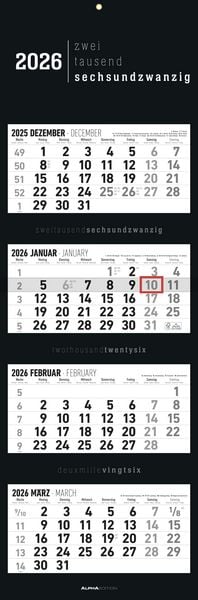 Produktbild: 4-Monatskalender Black 2026 - Büro-Kalender 33x20 cm (geschlossen), 33x100 (geöffnet) - faltbar - mit Datumsschieber - Alpha Edition