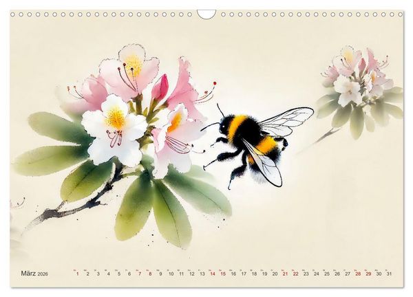Produktbild: Zen der Natur - Pflanzen und Insekten im Stile der Tuschmalerei (Wandkalender 2026 DIN A3 quer), CALVENDO Monatskalender