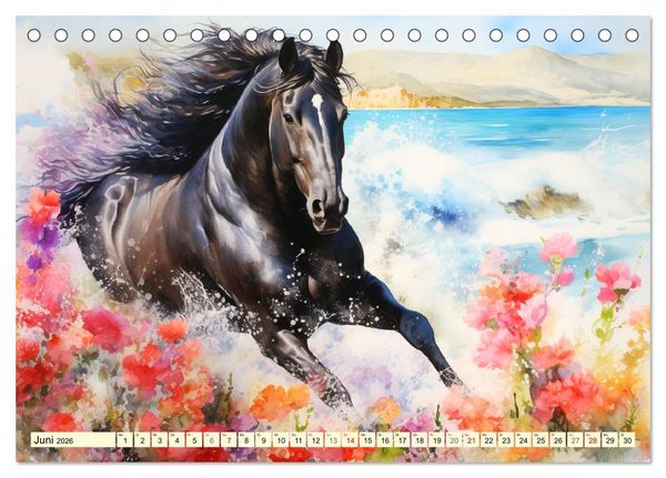 Produktbild: Pferde. Romantische Aquarelle von schwarzen Sch&ouml;nheiten (Tischkalender 2026 DIN A5 quer), CALVENDO Monatskalender