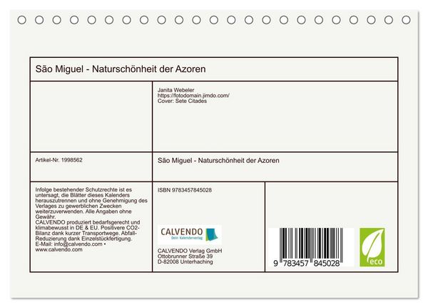 Produktbild: S&atilde;o Miguel - Natursch&ouml;nheit der Azoren (Tischkalender 2026 DIN A5 quer), CALVENDO Monatskalender