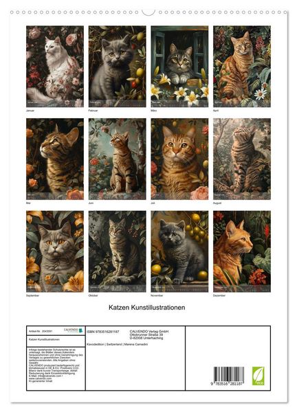 Produktbild: Katzen Kunstillustrationen (hochwertiger Premium Wandkalender 2026 DIN A2 hoch), Kunstdruck in Hochglanz
