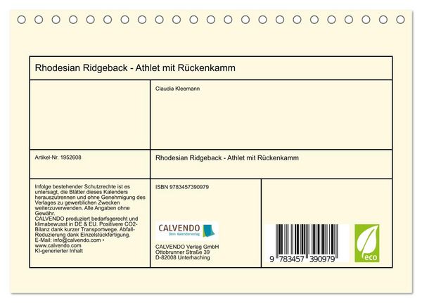 Produktbild: Rhodesian Ridgeback - Athlet mit R&uuml;ckenkamm (Tischkalender 2026 DIN A5 quer), CALVENDO Monatskalender