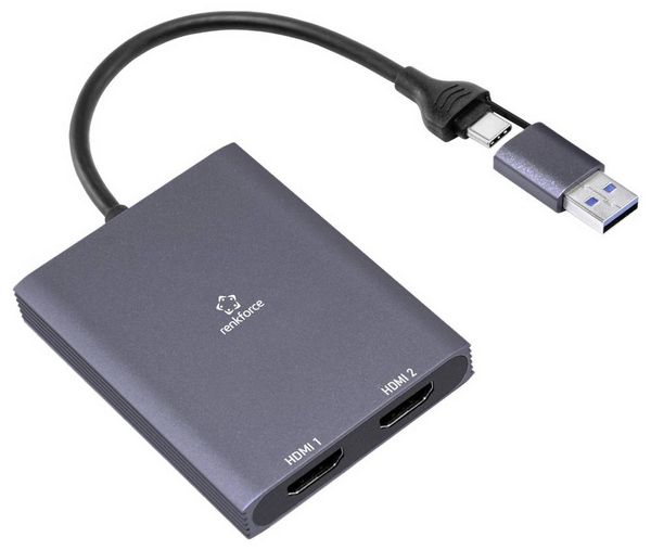 Produktbild: Renkforce RF-6418198 USB-C&reg; / HDMI Adapter [1x USB-A, USB-C&reg; - 2x HDMI&reg;] Grau 4K UHD 15cm