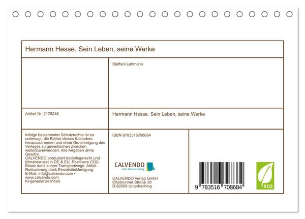 Produktbild: Hermann Hesse. Sein Leben, seine Werke (Tischkalender 2026 DIN A5 quer), CALVENDO Monatskalender