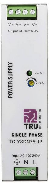 Produktbild: TRU COMPONENTS TC-13804588 Hutschienen-Netzteil (DIN-Rail) 12 V/DC 6.3 A 75.6 W Anzahl Ausg&auml;nge:1 x Inhalt 1 St.