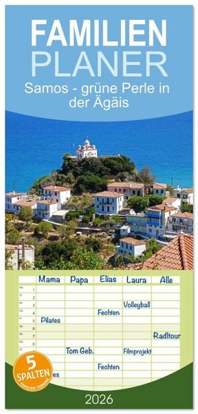 Produktbild: Familienplaner 2026 - Samos - gr&uuml;ne Perle in der &Auml;g&auml;is mit 5 Spalten (Wandkalender, 21 x 45 cm) CALVENDO