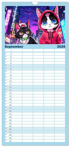 Produktbild: Familienplaner 2026 - Anime Cats mit 5 Spalten (Wandkalender, 21 x 45 cm) CALVENDO