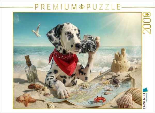 CALVENDO Puzzle Dalmatiner Hund auf Schatzsuche am Strand mit Karte und Kamera | 2000 Teile Lege-Größe 90x67cm Foto-Puzzle für glückliche Stunden